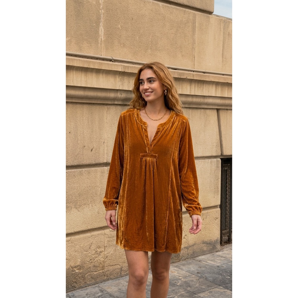 Easel Velvet Babydoll Tunic Dress L Gold